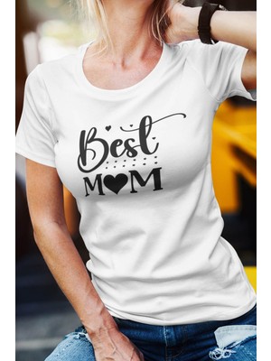 Qoeuyl Boutique Best Mom Baskılı Anneler Günü Hediyelik Beyaz %100 Pamuklu T Shirt