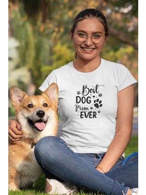 Best Dog Mom Ever No:1 Baskılı Anneler Günü Hediyelik Beyaz %100 Pamuklu T Shirt