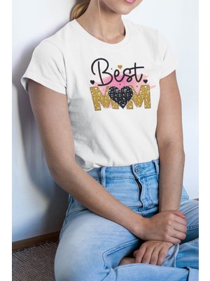 Qoeuyl Boutique Best Mom No:2 Baskılı Anneler Günü Hediyelik Beyaz %100 Pamuklu T Shirt