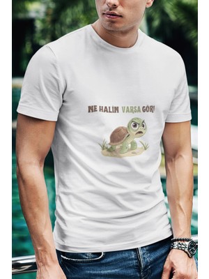 Qoeuyl Boutique Ne Halin Varsa Gör-Sinirli Kaplumbağa Baskılı Eğlenceli Unisex Bisiklet Yaka %100 Pamuklu T-Shirt
