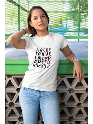 Qoeuyl Boutique Alfabe I Love You Baskılı Sevgiliye Hediye Sevgililer Günü Unisex %100 Pamuklu T Shirt