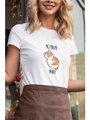 Qoeuyl Boutique No Talk Me I'm Angy Sevimli Kedi Baskılı Unisex %100 Pamuklu T-Shirt