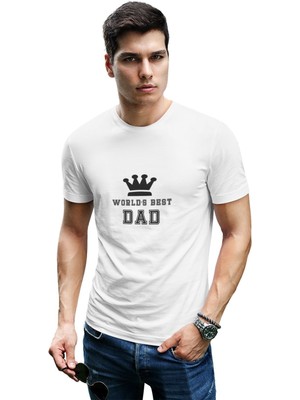 Qoeuyl Boutique Worlds Best Dad Baskılı Babalar Günü Doğum Günü Hediyelik Eğlenceli Beyaz Unisex T-Shirt