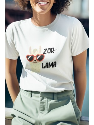 Zorlama-Lama Baskılı Eğlenceli Komik Hediyelik Beyaz Unisex T-Shirt