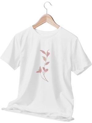 Qoeuyl Boutique Yaprak Dalları Baskılı Beyaz Unisex T-Shirt