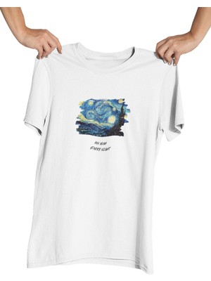 Qoeuyl Boutique Van Gogh Starry Night Over The Rhone Baskılı Hediyelik Beyaz Unisex T-Shirt