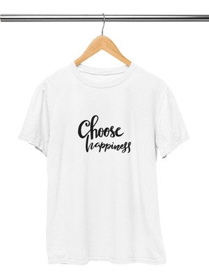 Qoeuyl Boutique Choose Happiness Baskılı Hediyelik Eğlenceli Beyaz Unisex T-Shirt