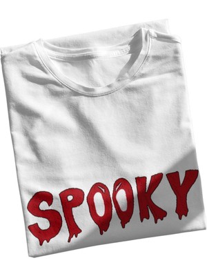 Qoeuyl Boutique Spooky Baskılı Hediyelik Eğlenceli Beyaz Unisex T-Shirt