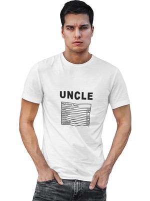 Uncle Nutrition Facts Baskılı Dayı Amca Hediyelik Eğlenceli Beyaz Unisex T-Shirt