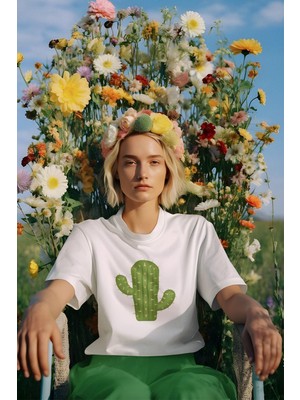 Qoeuyl Boutique Kaktüs Baskılı Eğlenceli Hediyelik Beyaz Unisex T-Shirt