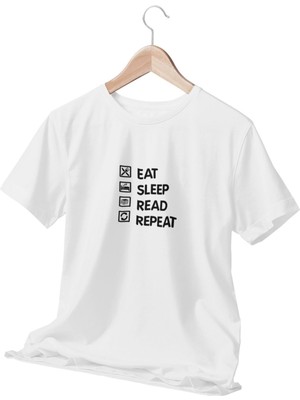 Qoeuyl Boutique Eat Sleep Read Repeat Baskılı Eğlenceli Hediyelik Beyaz Unisex T-Shirt