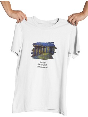 Qoeuyl Boutique Van Gogh Starry Night Over The Rhone Baskılı Hediyelik Beyaz Unisex T-Shirt