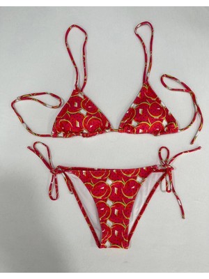 Kadın Kırmızı Karpuz Desen Boyundan Ip Bağlamalı Üçgen Bikini Takımı HZL25S-LC5005