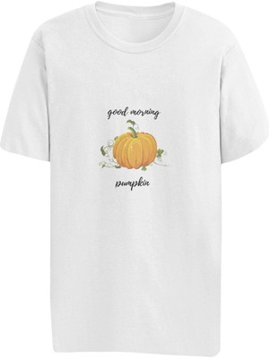 Qoeuyl Boutique Good Morning Pumpkin Baskılı Sevgili Özel Gün Hediyelik Beyaz Unisex T-Shirt