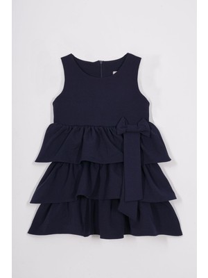 Bisiklet Yaka Kurdele Detaylı Eteği Fırfırlı Sıfır Kol Lacivert Renk Kız Çocuk Elbise