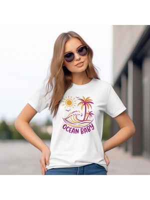 Qoeuyl Boutique Ocean Baby Baskılı Yaz Temalı Unisex Regular Fit Pamuklu Beyaz Tişört