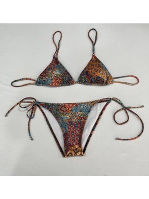 Kadın Kahverengi Etnik Desen Boyundan Ip Bağlamalı Üçgen Bikini Takımı HZL25S-LC5005