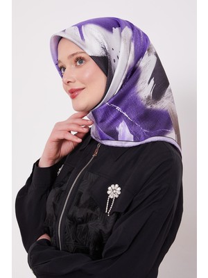 Mor Yansıma Yaprak Desen Twill İpek Eşarp