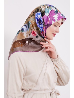 Mor Çiçek Desen Twill Ipek Eşarp