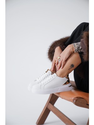 Zerenyus Vega Premium Leopar Detaylı Beyaz Kadın Sneaker