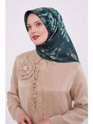 Lêvi D'or Zümrüt Yeşili Soyut Gül Desen Twill İpek Eşarp