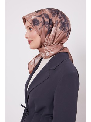 Lêvi D'or Çikolata - Kahve Soyut Gül Desen Twill İpek Eşarp