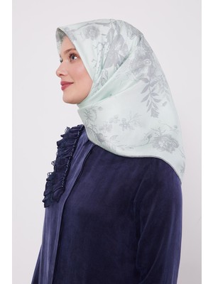 Su Yeşili Soyut Gül Desen Twill Ipek Eşarp