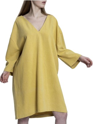 Taş Baskı Püsküllü Elbise Sarı