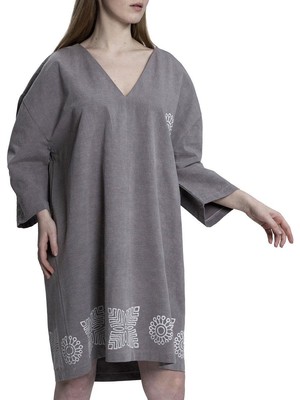 Taş Baskı Elbise Koyu Gri