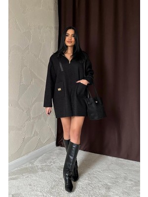 Munnn CollectionSiyah Armalı Kapşonlu Peluş Ceket