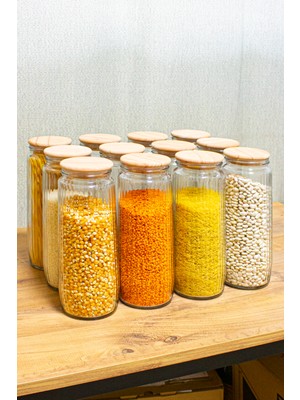 12'li Çizgili Cam Kavanoz Saklama Seti Vakum Kapaklı Büyük Boy Erzak Bakliyat Saklama Seti 1500 ml