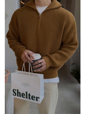 Açık Hardal Erkek Oversize Fermuarlı Balıkçı Triko Kazak