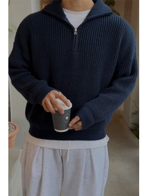 Erkek Lacivert Oversize Fermuarlı Balıkçı Triko Kazak