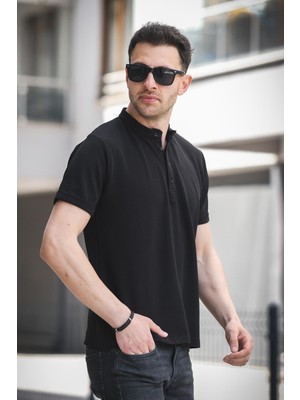 Cole Slim Fit Esnek Likralı Yarım Düğmeli Kısa Kol Hakim Yaka Erkek Gömlek