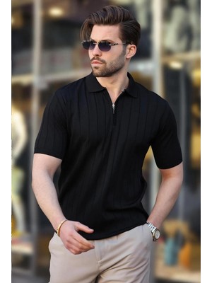 Polo Yaka Çizgili Fermuarlı Erkek T-Shirt