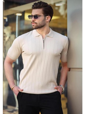 Polo Yaka Çizgili Fermuarlı Erkek T-Shirt