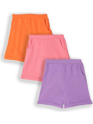 Fitilli Pembe Turuncu Koyu Lila Renk 3'lü Set Kız Çocuk Şort