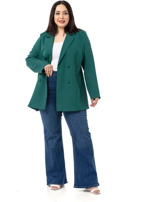 Büyük Beden Kaplama Düğmeli Kruvaze Zümrüt Yeşili Astarsız Ceket