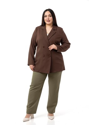 Büyük Beden Kaplama Düğmeli Kruvaze Kahverengi Astarsız Ceket