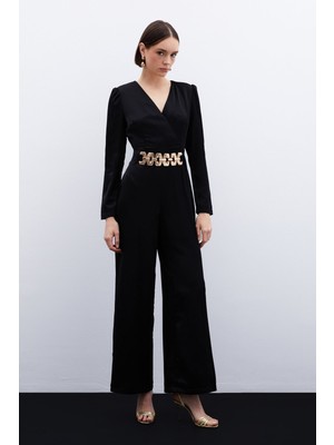 Birleşik Kemerli Saten Tulum - Siyah