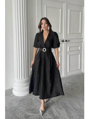 Munn Collection Siyah Işıltılı Kemerli Kruvaze Elbise