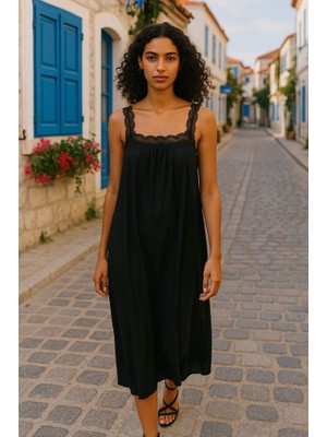 Munnn CollectionKadın Dantel Askılı Kare Yakalı Uzun Viskon Elbise