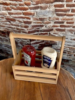 Bambu Masa Üstü Taşınabilir Sosluk ve Peçetelik, Bambu Tezgah Üstü Ketçap,-Mayonez ve Hardallık, Taşınabilir Bambu Sosluk (24 * 14.5 * 22CM)