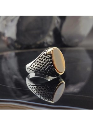 Sarmaşık Desenli Kaplan Gözü Taşlı Gümüş Erkek Yüzük