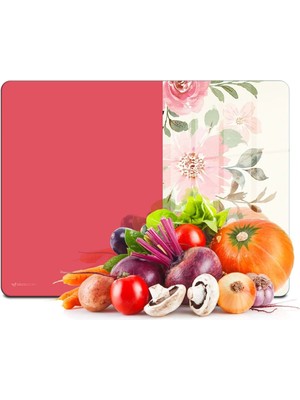 Cam Kesme Tahtası ve Sunumluk ve Sunum Tabağı Vintage Pembe Çiçek 30X40 cm