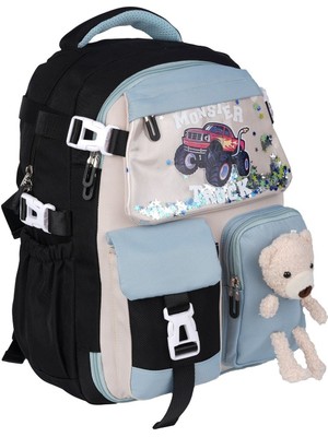 Relaxion 1460 Siyah- Açık Mavi İthal Kore Tarzı Unisex Çocuk İlkokul Sırt Çantası