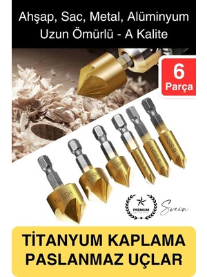 Premium Titanyum Kaplama 6'lı Kırılmaz Uçlu Paslanmaz Ahşap Sac Metal Havşa Açma Matkap Uç Seti