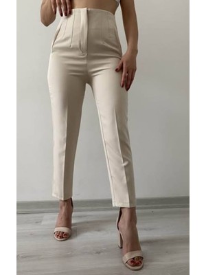 Bej Yüksek Bel Krep Kumaş Havuç Pantolon