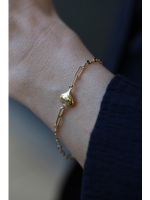 14 Ayar Altın Ataç ve Pullu Zincirli Kalp Detaylı Bileklik