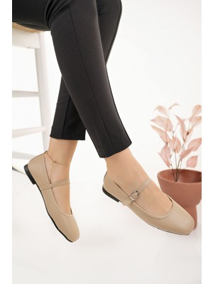 Kadın Babet Bej Bantlı Kemerli Hafif Rahat Şık Iş Ofis Günlük Ayakkabı